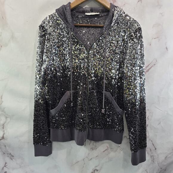 Boston Proper Jacket Womens Medium Purple Silver Sequin Hooded Sport Stretch - Picture 1 of 13